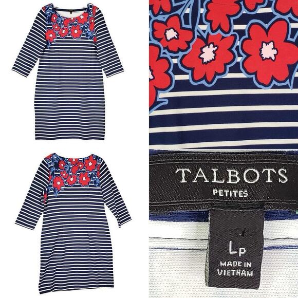 Talbots Dress Womens Size Lp Large Petite Navy Blue Stripe SS Cotton Floral - Picture 1 of 7